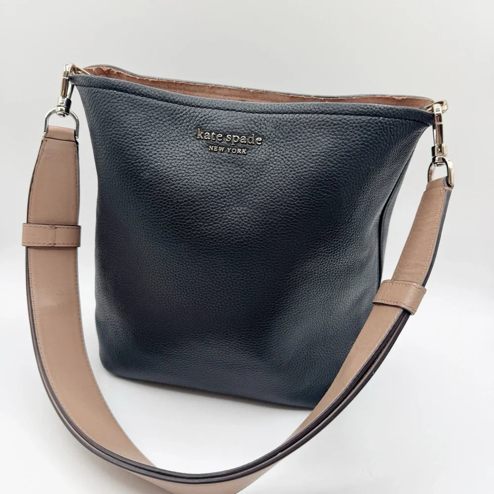 Kate Spade River Medium Bucket Bag Black Pebbled Leather Purse PXR00488